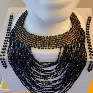 Black & Gold Beaded African Choker Necklace with Matching Earrings